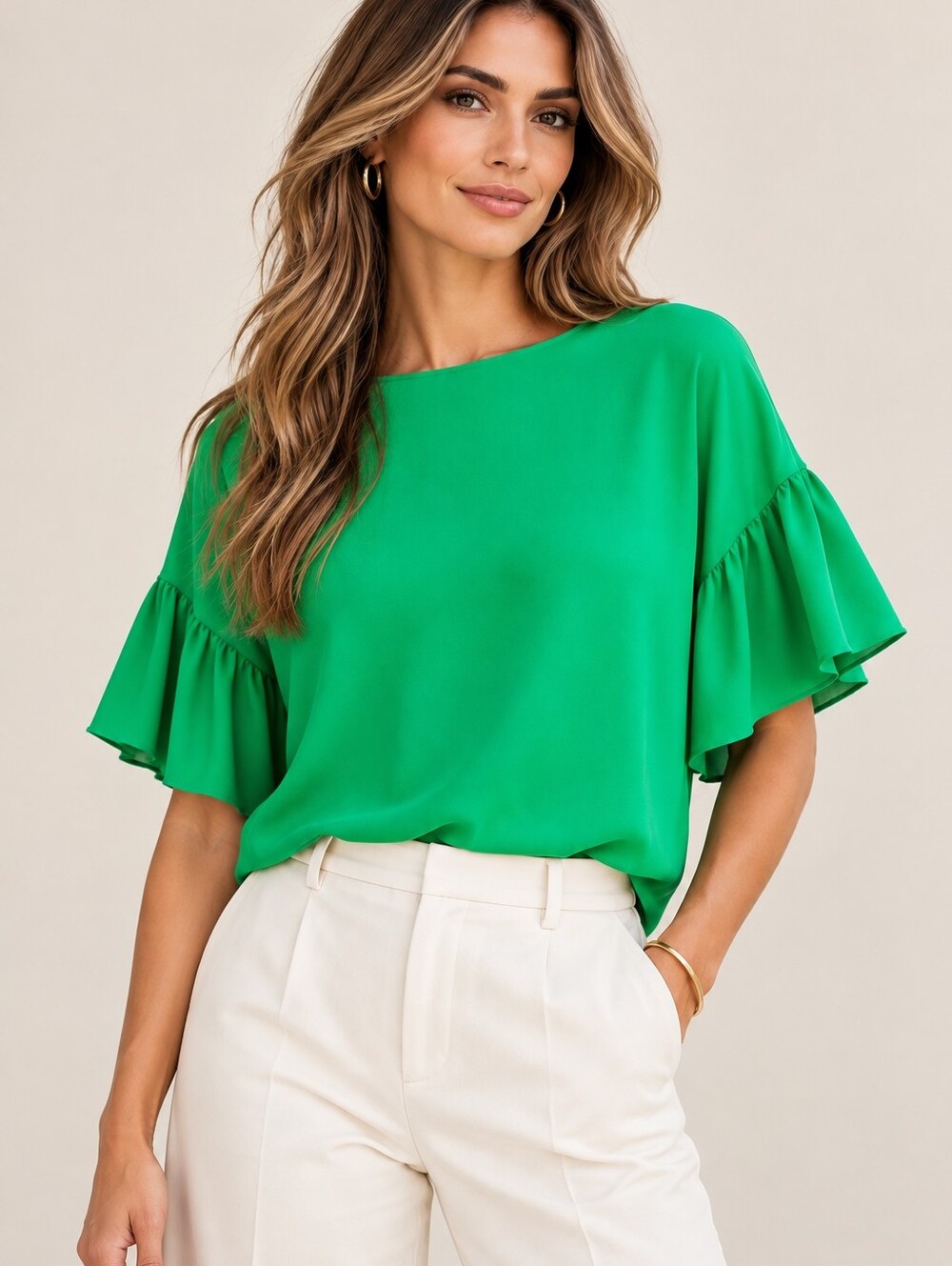 AMANDA UPRICHARD Kelly Green Flutter Sleeve Blouse Top Shirt Small